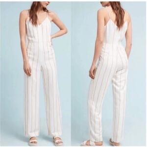 Anthropologie Women's Cream Striped The Essential Jumpsuit Sz 4 Linen Blend